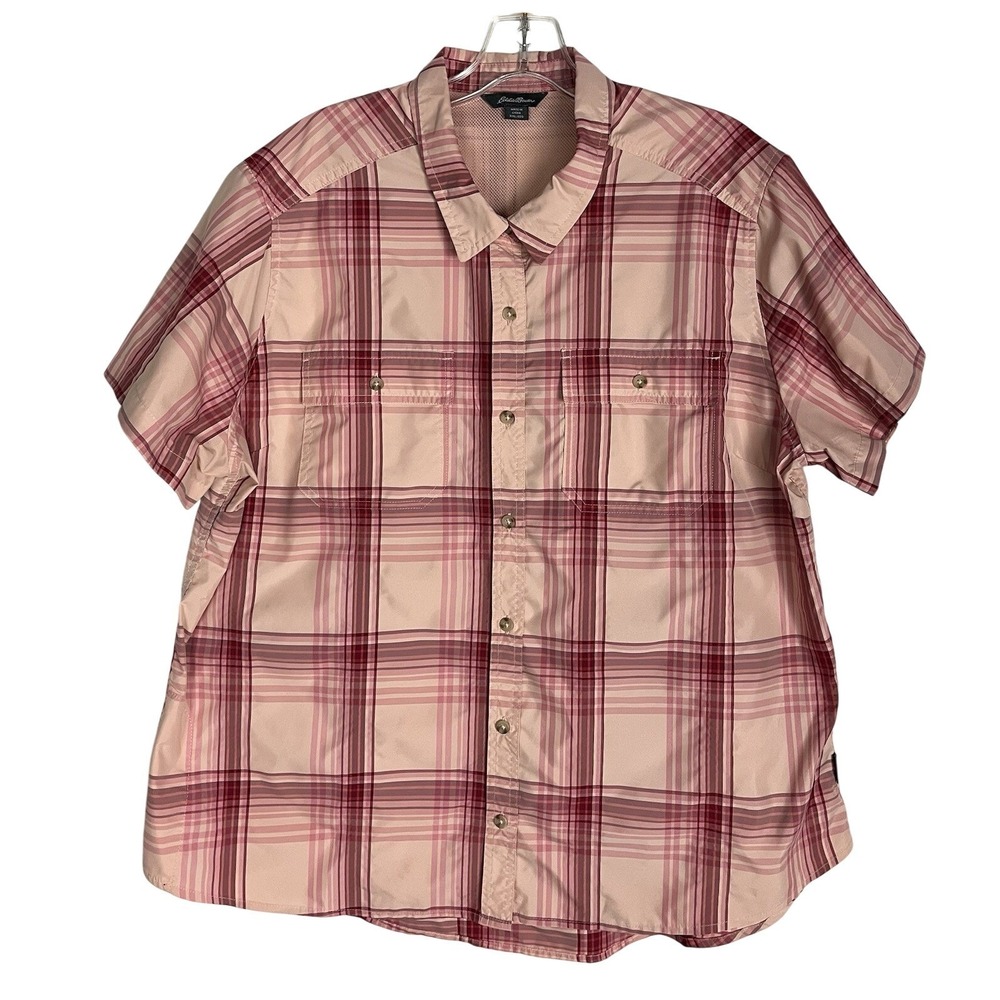 Eddie Bauer Women's XXL‎ Fishing Short Sleeve Shirt Plaid Outdoor Hiking Pink